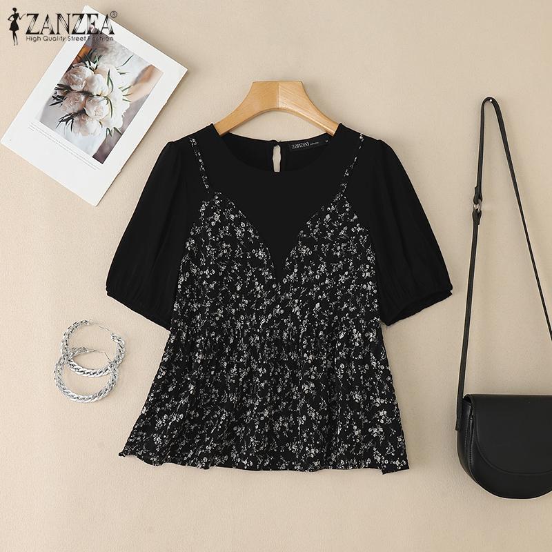 ZANZEA Women Casual Floral Print Patchwork Summer Short Sleeve Blouse