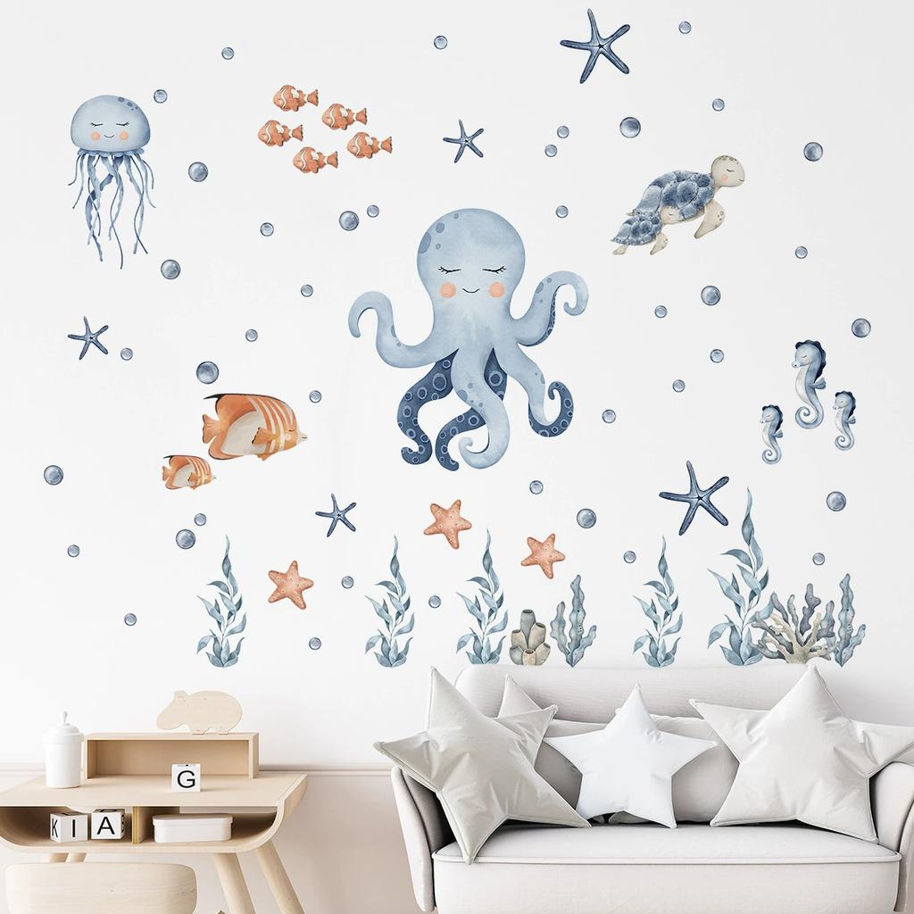 Cartoon Cute Whale Cloud Moon House Marine Animal Wall Stickers for Bedroom Living Room Nursery Decoration Wall Decals