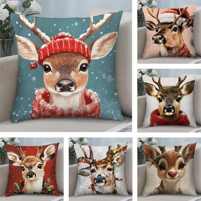 Reindeer Christmas Cute Cushion Cover Plush Fabric Soft DoubleSided Printed Sofa Warm Winter Home Child Gift Pillow Case