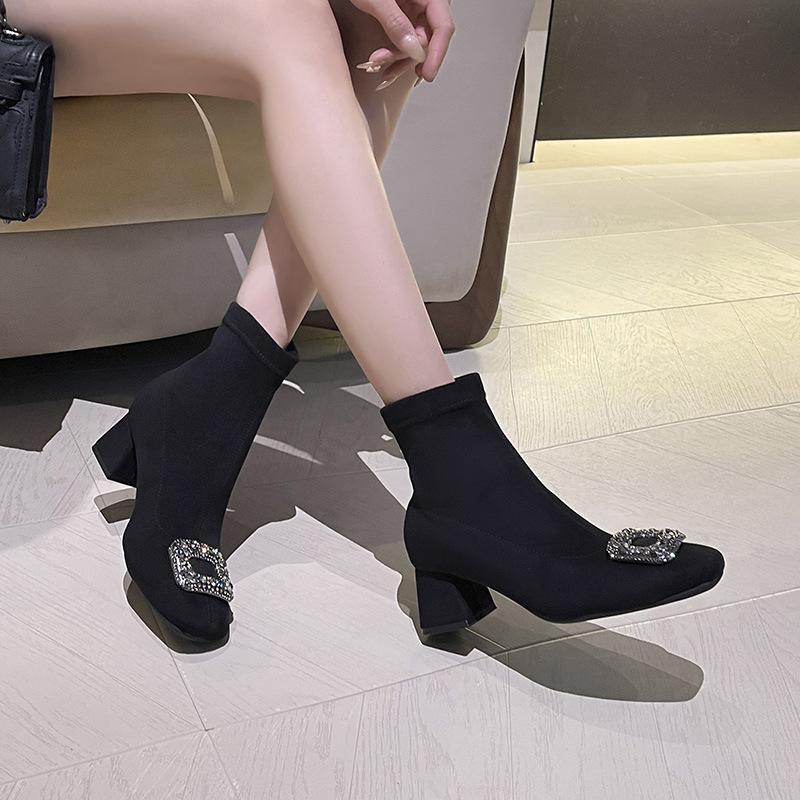 Suede Skinny Boots Coarse Heel Medium Heel Short Boots Women's Autumn and Winter Single Boots Rhinestone Square Head Internet Celebrity Elastic Flee