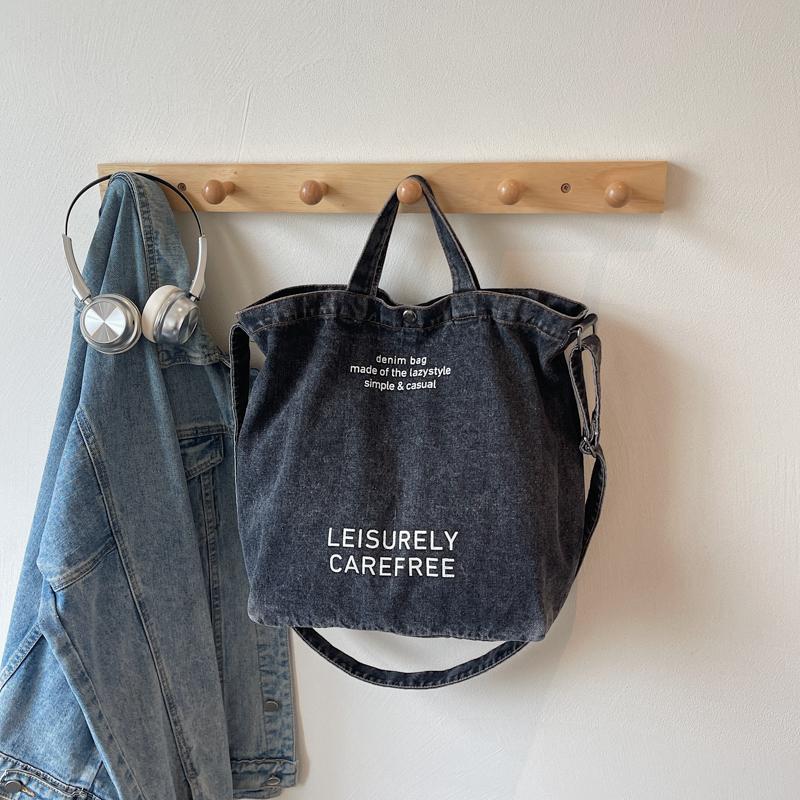 Large Capacity Retro Denim Bag Letter Print Shoulder Bag Women Crossbody Bag
