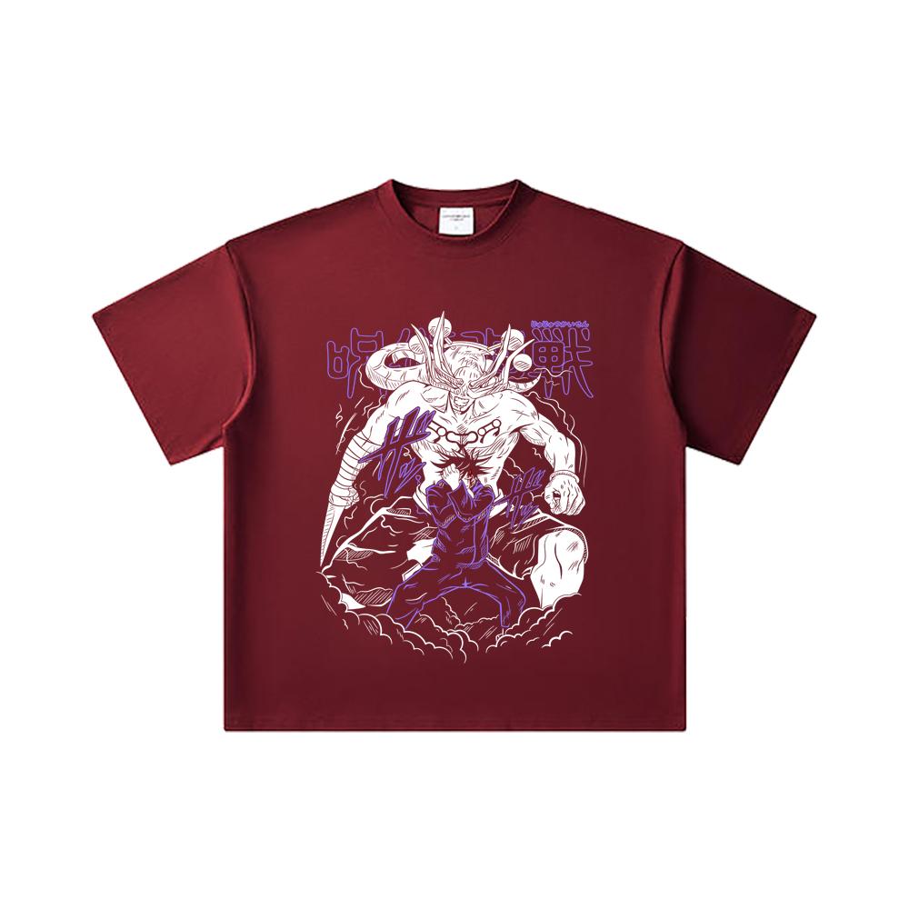 260 GSM Doppelgarn 32er Zählart 100% Baumwolle Jujutsu Kaisen V35 Mahoraga Druck Unisex Schweres Baumwoll-T-Shirt