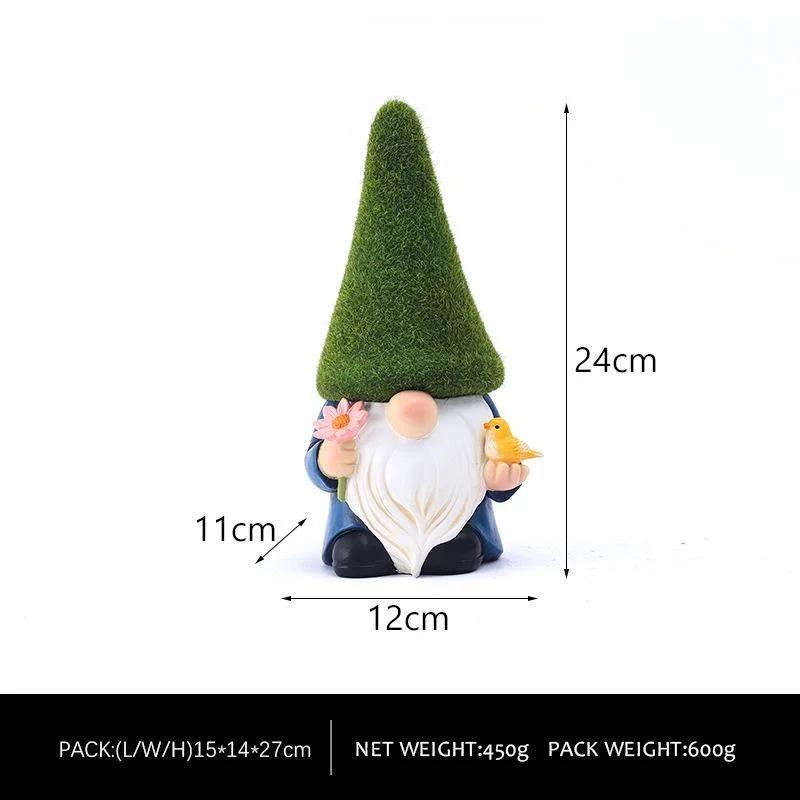 Niedlicher Zwerg Goblin Harzornament Grüner Hut Blume Vogel Alter Mann Zwerg Outdoor Dekoration Landschaftsornament für Hof Terrasse Rasen