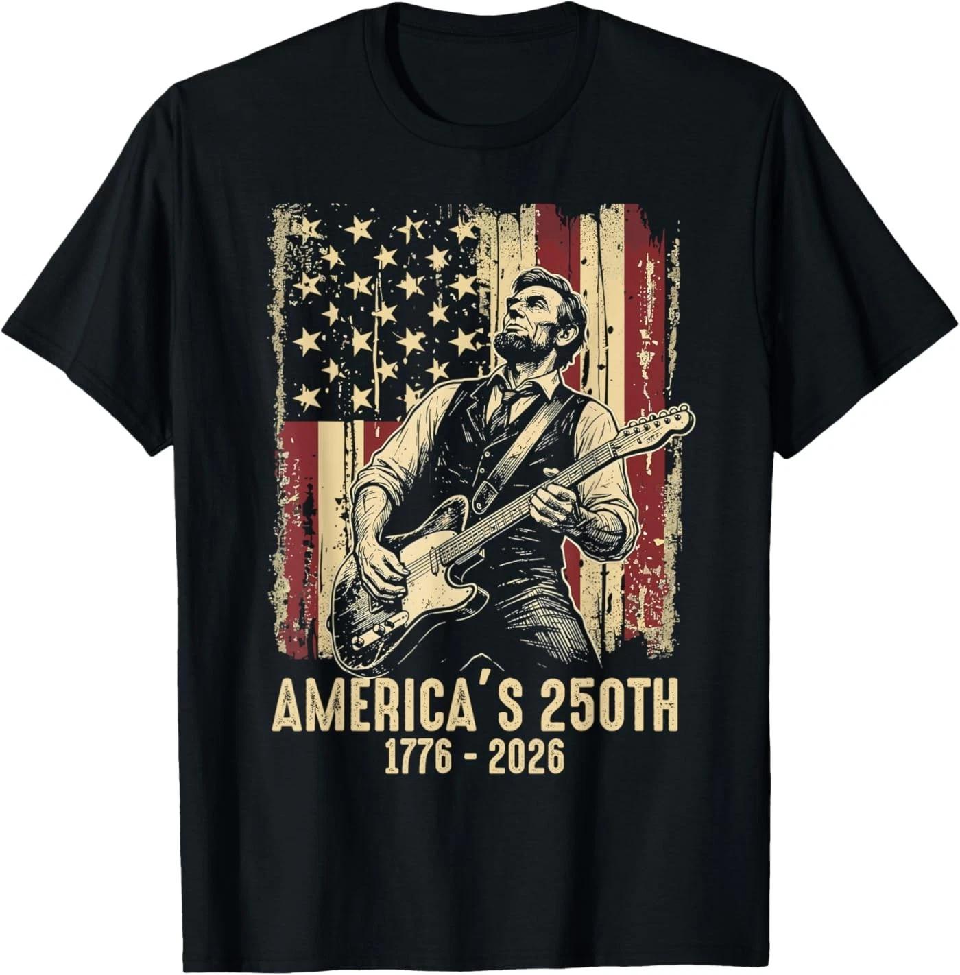Abraham Lincoln Playing Guitar 4th of July 250th Anniversary T-Shirt L