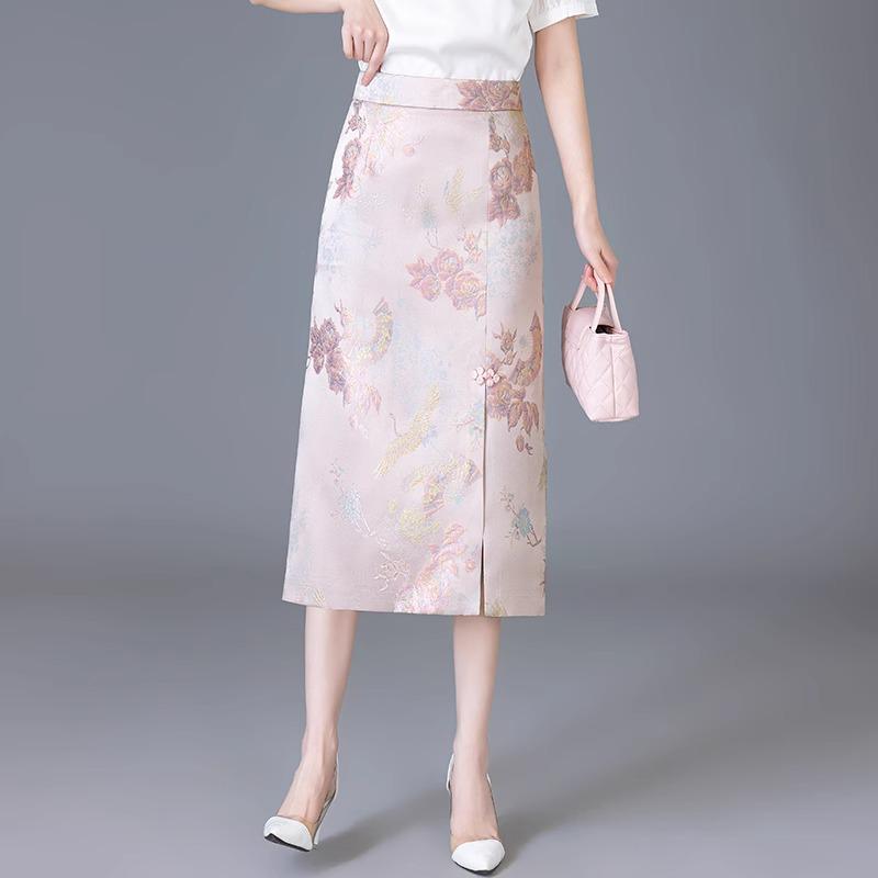 

Юбка миди из золотого жаккарда из шелка, весна 2025: Бодикон в китайском стиле для женщин M (95-105 jin) розовый