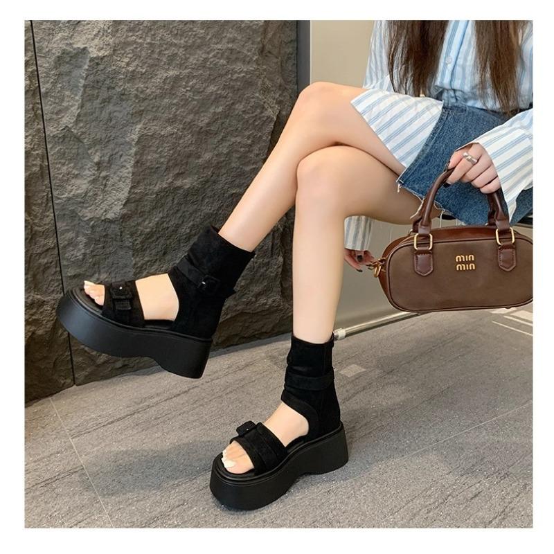 2025 Summer Women's 7cm Platform Sandals Retro Roman Strappy Sandals with Hidden Wedge Heel,Chunky High Heel Ankle Booties