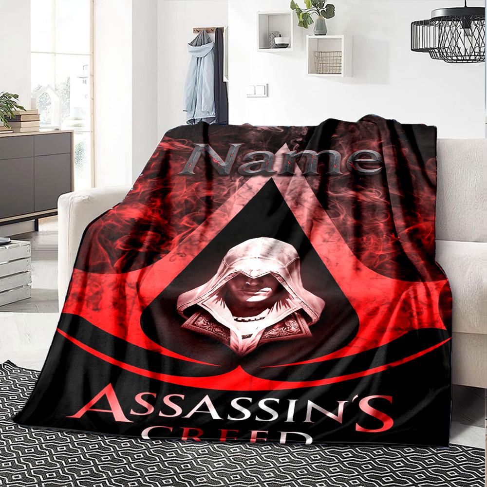 Koc z nadrukiem w stylu Assassin's Creed z imieniem na zamówienie Idealny na kanapę, łóżko, podróże, do użytku na zewnątrz Można prać w pralce Przytulny Trwały
