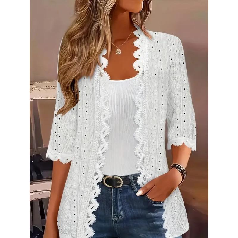 VEZFAA Women's Fashion Casual Summer Spring Solid Color Print 1/2 Sleeves Blouses & Shirts