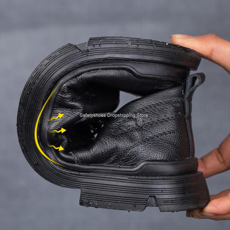 Fashion Split Leather Safety Shoes Men Steel Toe Sneaker Black Work Boots Kitchen Bussiness Safety Boots Industrial Work Shoes Man Boots