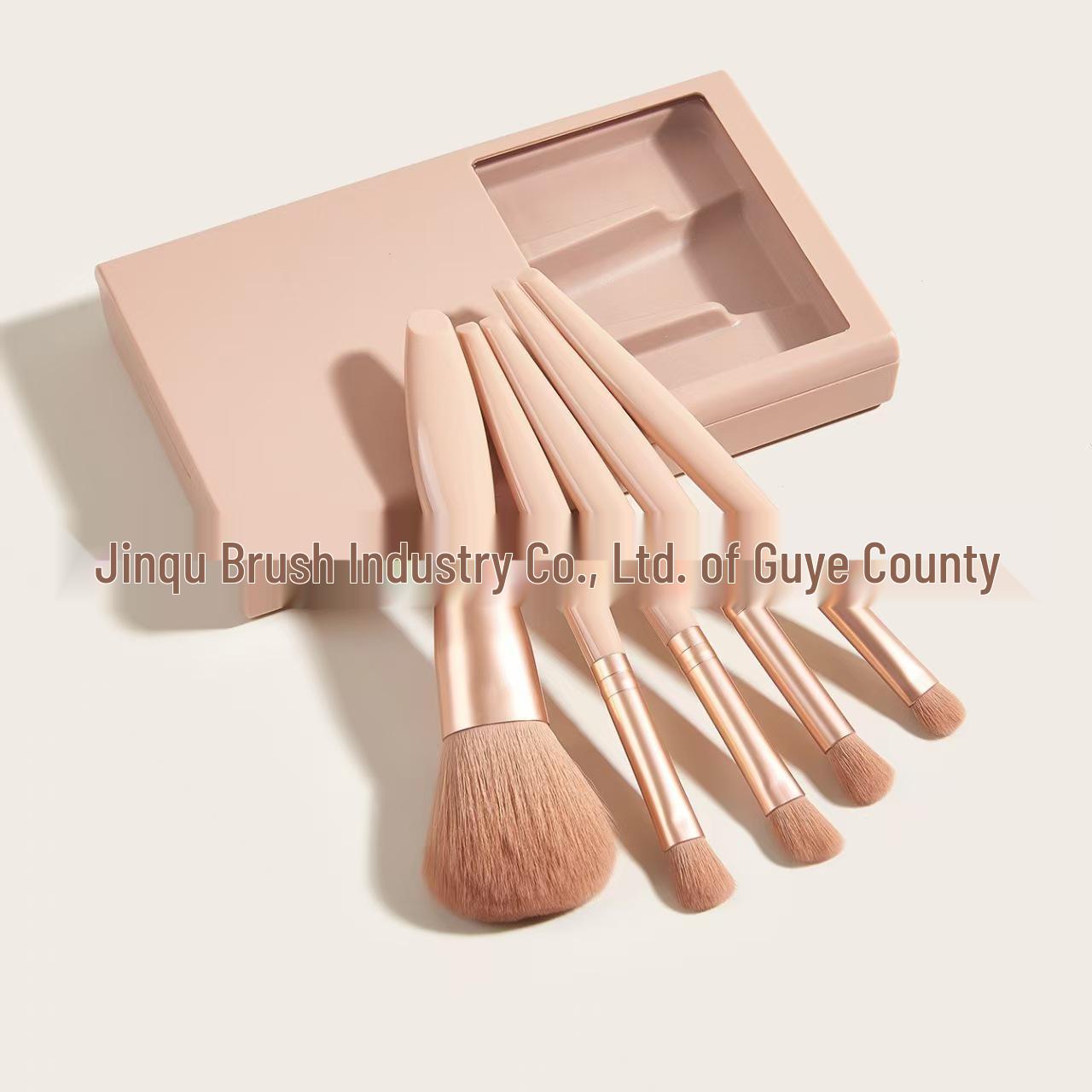 5-Piece Travel Makeup Brush Set with Mirror - Soft Bristles for Powder, Eyeshadow, and Blush абрикосовый/5 штук