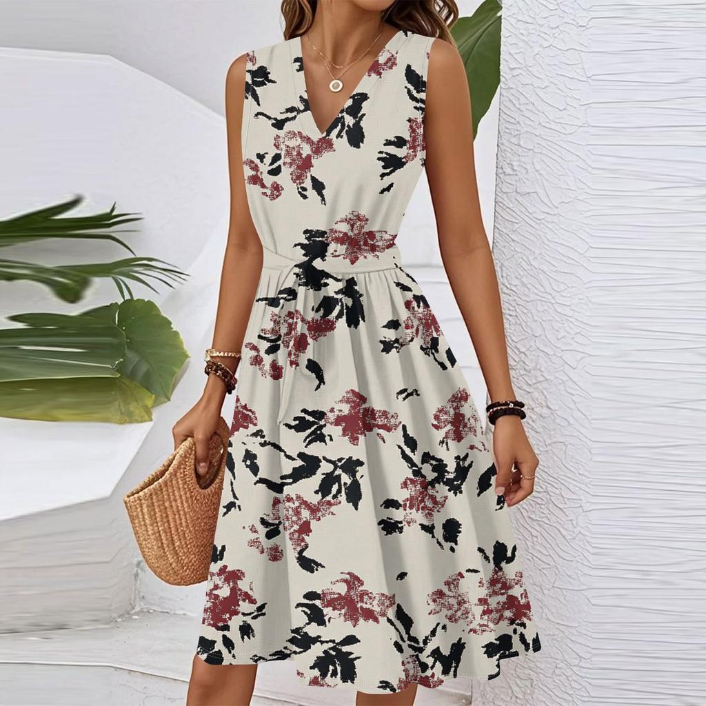 Women's Spring Summer Casual V Neck Sleeveless Waist Floral Print Midi Dress