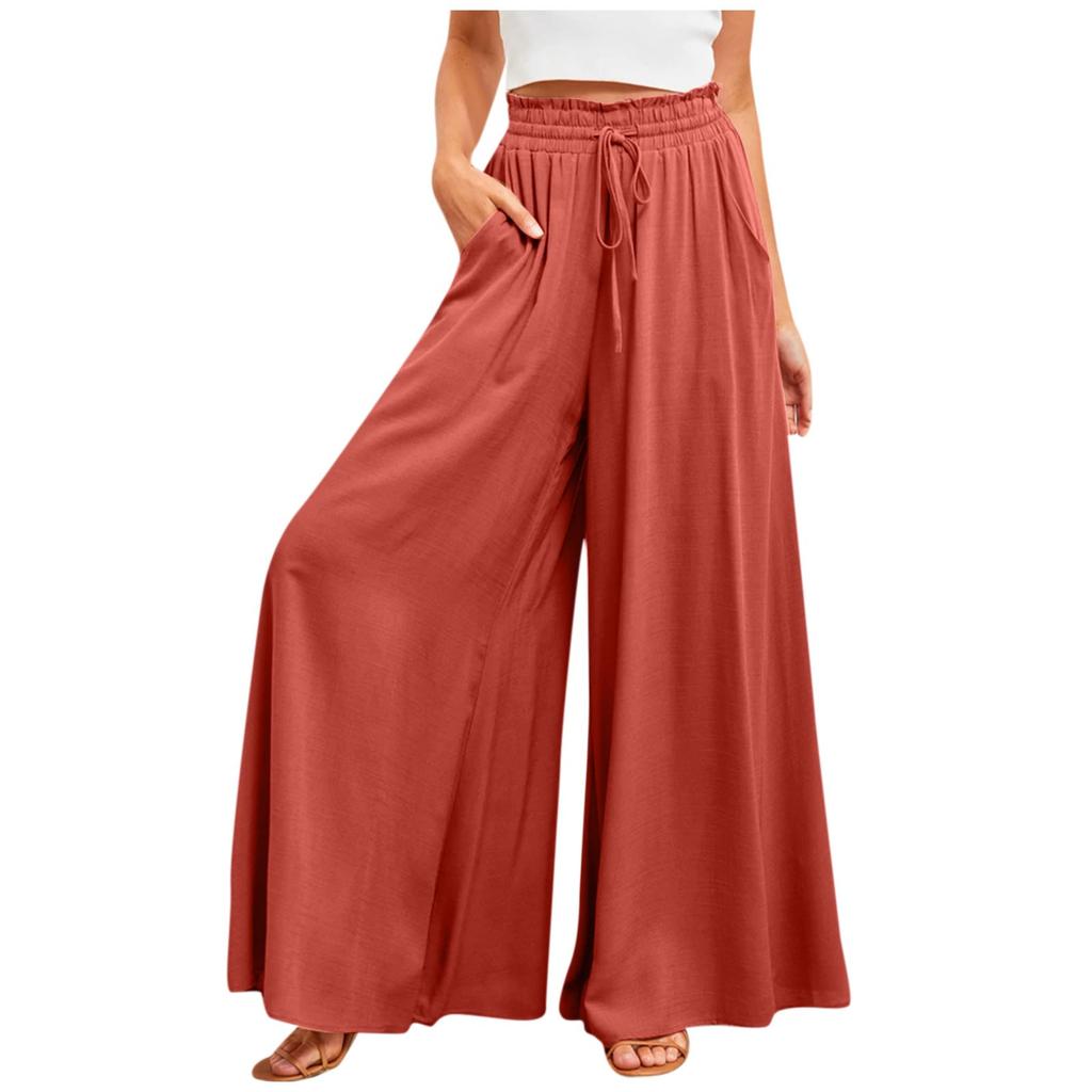 Women's Color Trousers Elastic Belt Wide Leg High Waist Long Culottes