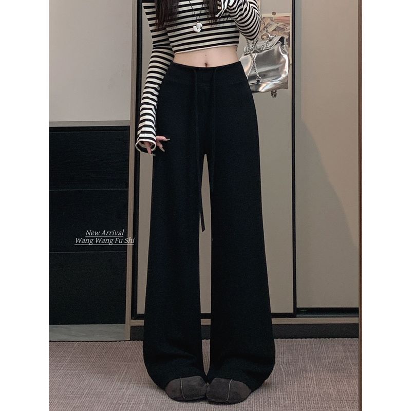 Drawstring High Waist Casual Pants Loose Pants Women's Autumn Drape Baggy Straight Trousers Apricot Mop Pants Lazy Long Pants