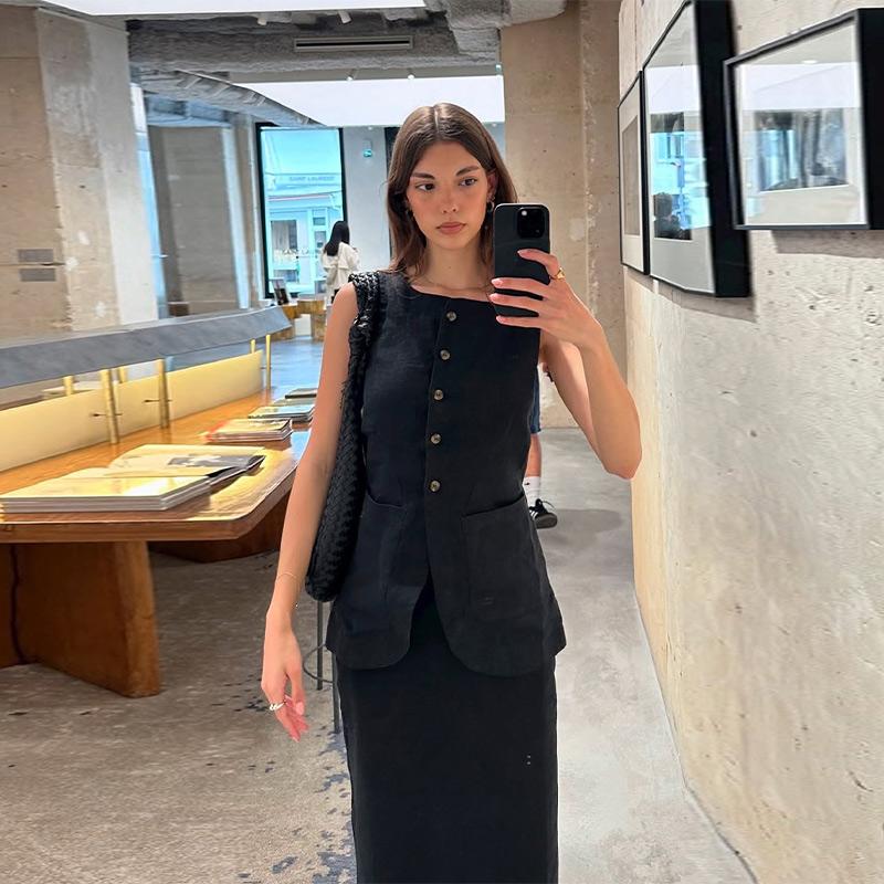 Elegantní dámské vestové a suknové soupravy 2dílný oblek Bílý čtvercový límeček Jednořadé sako Sukňový set s vysokým pasem Letní dámský outfit