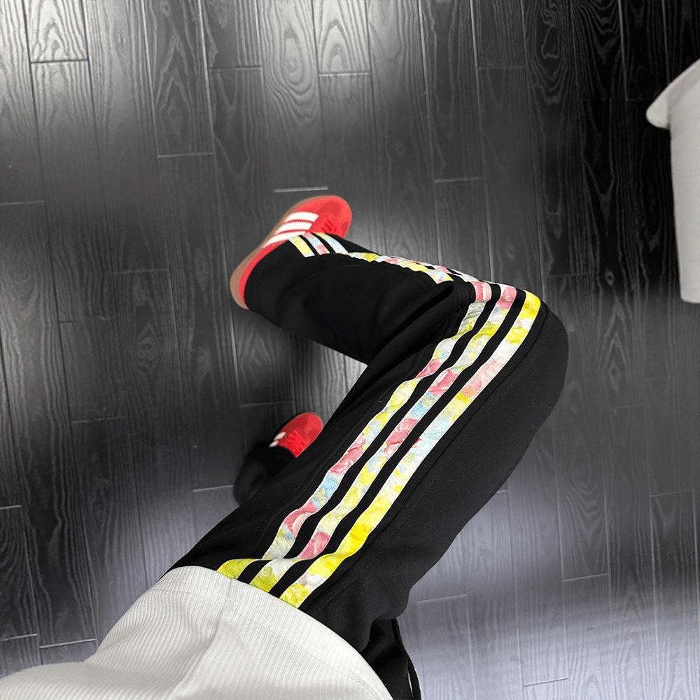 American retro color flower three-bar pants men's autumn heavy drape sweatpants straight sports casual pants