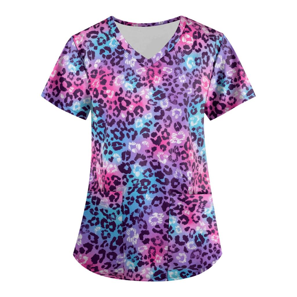 Women's Fashion V-neck Short Sleeve Workwear With Pockets Printed Tops