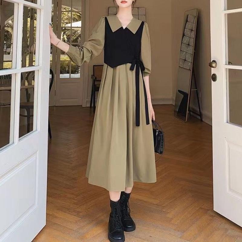 

Новое весенне-осеннее французское ретро платье в стиле Хепберн с лацканами, лоскутное, с длинным рукавом, двухпредметное 4XL хаки