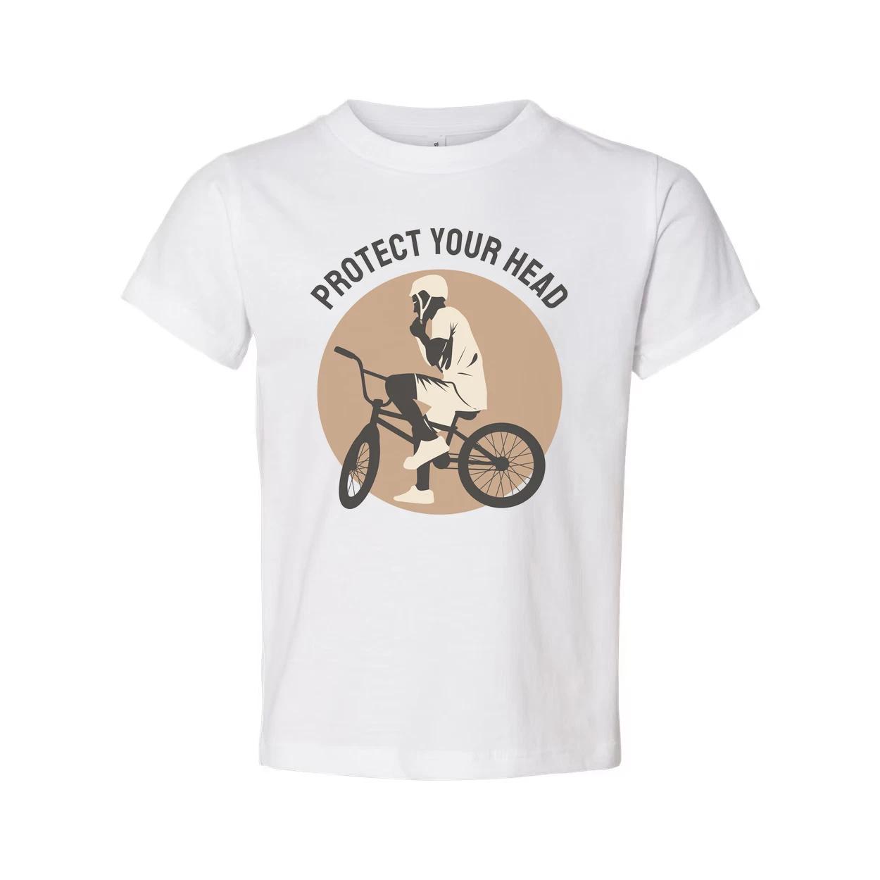 

Protect Your Head Bicycle Safety Graphic Tee Featuring Rider On Bike Circle Desi L