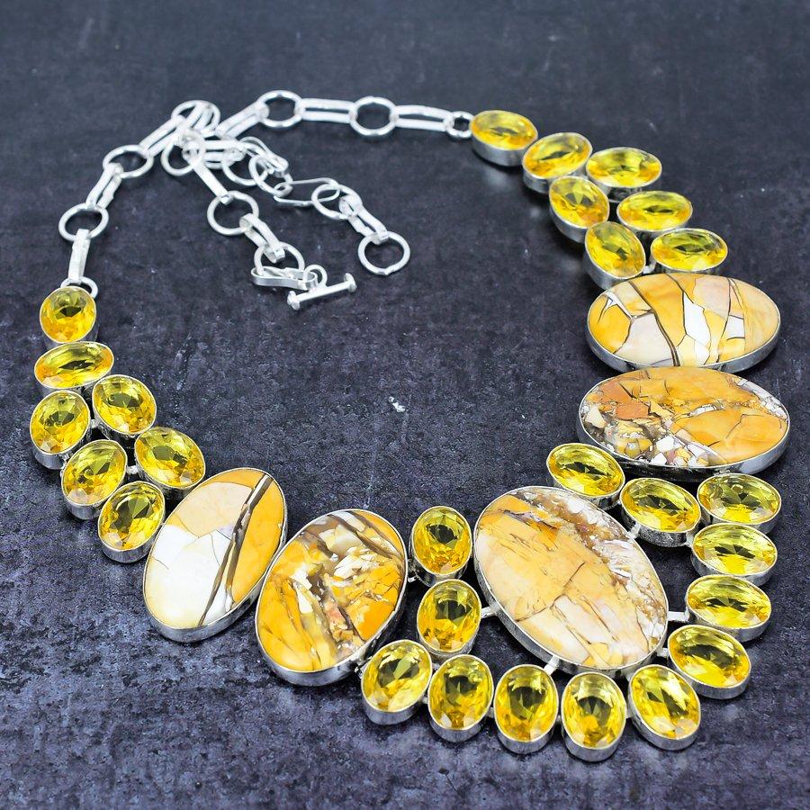 Natural Brecciated Mookaite, Citrine 925 Sterling Silver Necklace 18" A1g98