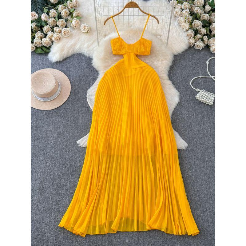 Vacation Style Sexy Sexy Sling Dress Women's Summer New Arrival Tight Waist Slim Backless Stylish Pleated Dress