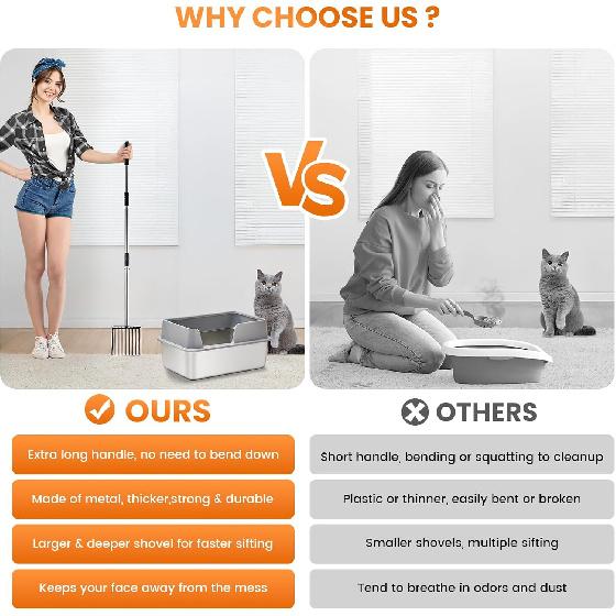 Cat Litter Scoop 43 inch Metal Litter Scooper with Stainless Steel Long Handle, Upgraded Large Kitty Box Scooper Heavy Duty Deep Shovel for Fast