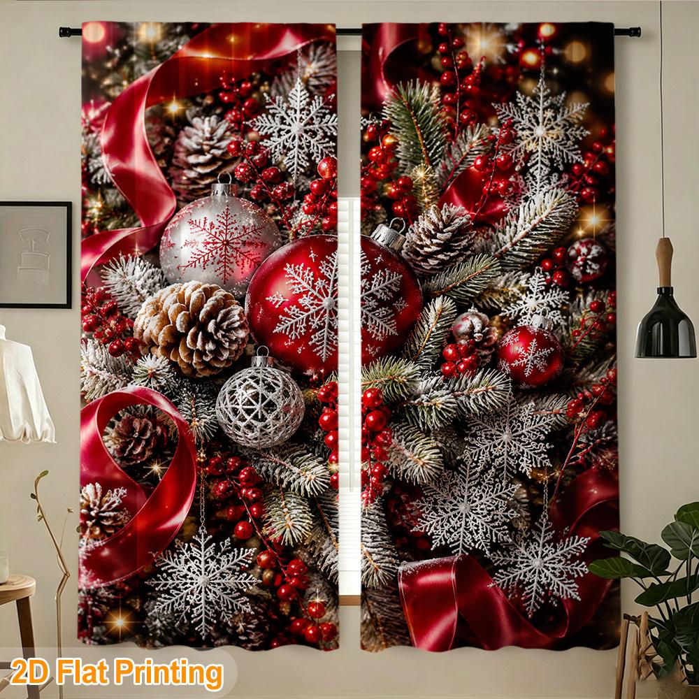 2pcs Red Silver Christmas Decorations Printed Polyester Curtain Rod Pocket Design, Ideal for Study Decor, Living Room, Bedroom, Housewarming Gift Idea
