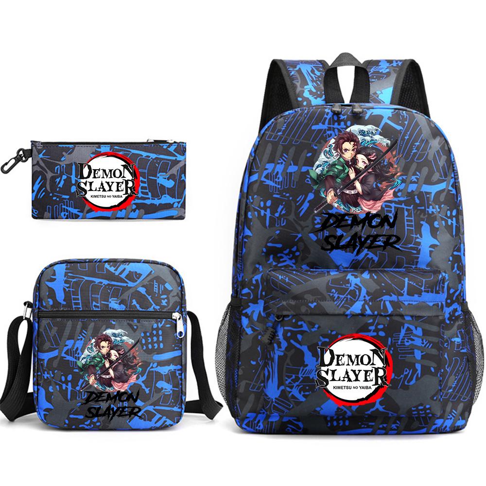 3Pcs/set Anime Printed Demon Slayer Backpack with Shoulder Bag Pencil Case for Teen Student Boy Girl Large Capacity Waterproof Bookbag Travel Bag