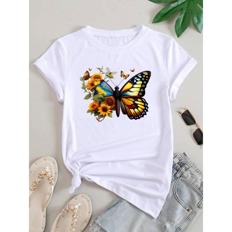 (European Size) Lovely Cute Women Letter Flower Tee Top Clothing Casual Short Sleeve T Shirt Fashion Print Lady Female Graphic T-shirts