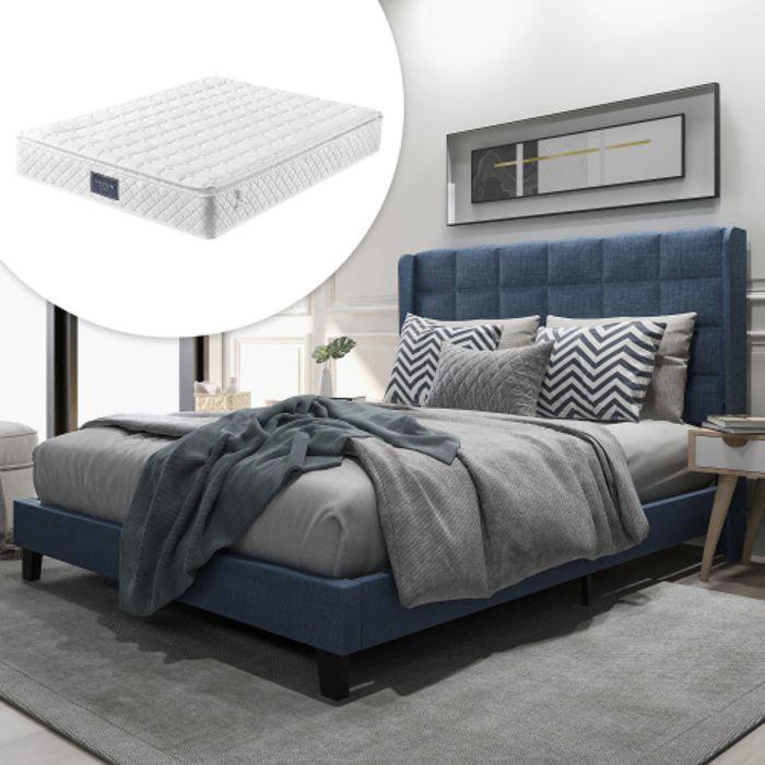 Lit - 140x200 cm - Tête de lit rembourrée - Bleu en lin - Matelas à ressorts inclus