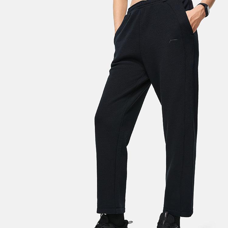 Li Ning Fitness Series Solid Color Thickened Elastic Waist Straight Leg Sports Pants Women Bottoms Black AKLT776-1