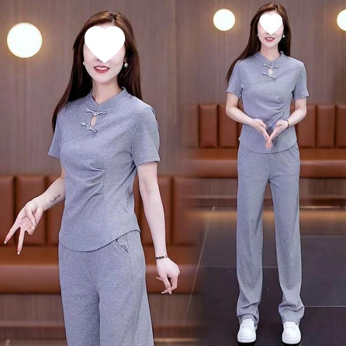 Chinese Casual Sports Suit for Women in Summer, Western-style National Style Buckle Top, Wide-leg Pants Two-piece Set