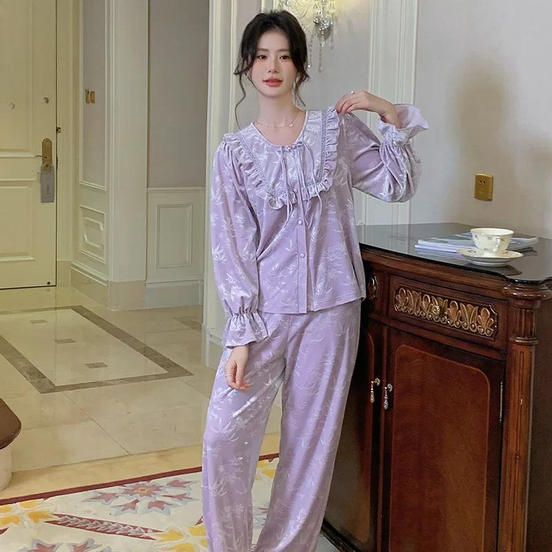 Pajama Suit New Winter Long-sleeved Trousers Velvet Suit Retro Sweet Loose New Home Wear Simple