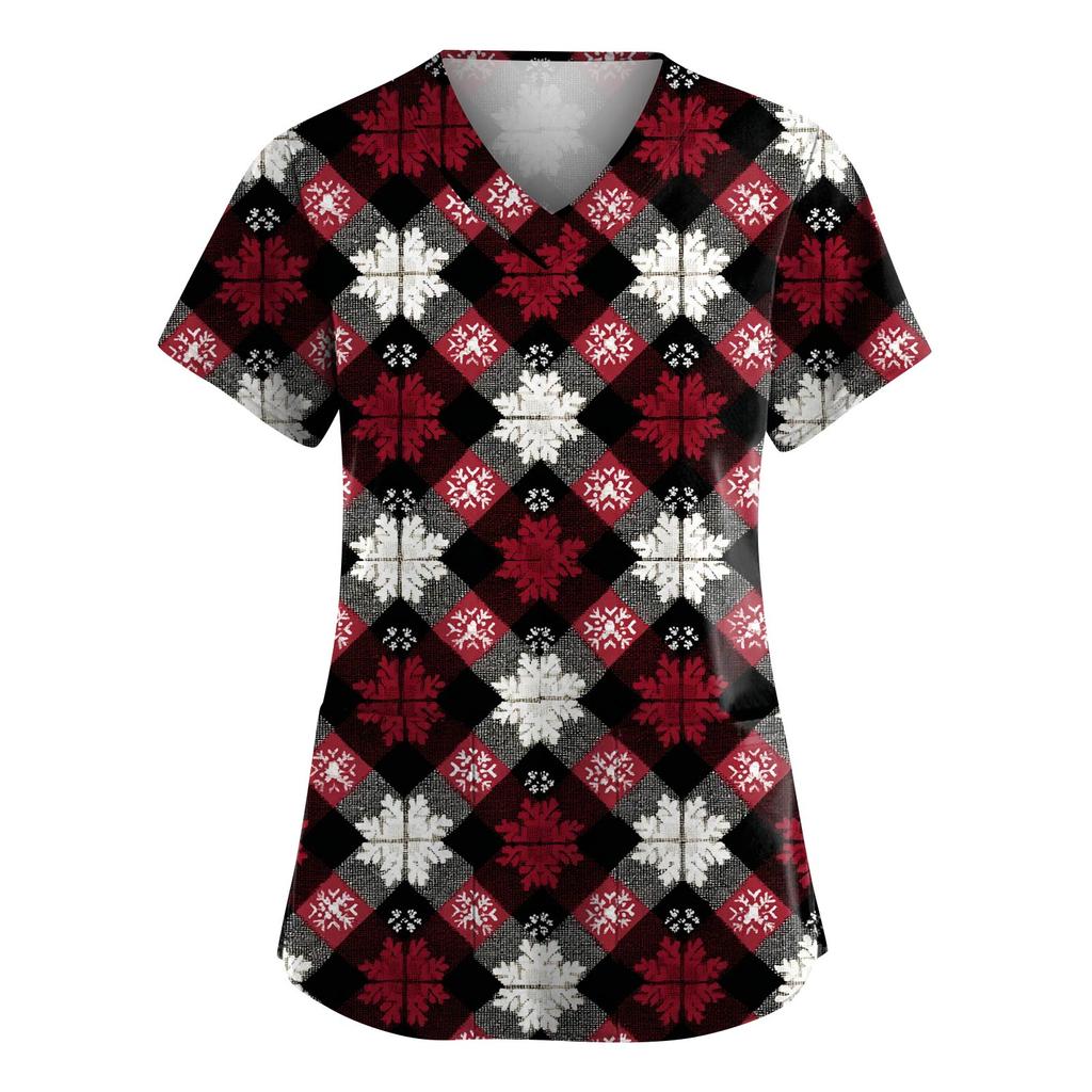 Women's Fashion V-Neck Short-Sleeved Workwear With Pockets Christmas Print Top Caregiver Uniform