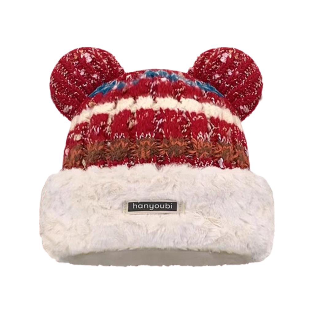 Knitted Beanie with Plush Bear Ear for Students Adult Windproof Winter Hat Striped Bear Ear Shape Keep Warm Cycling Hat