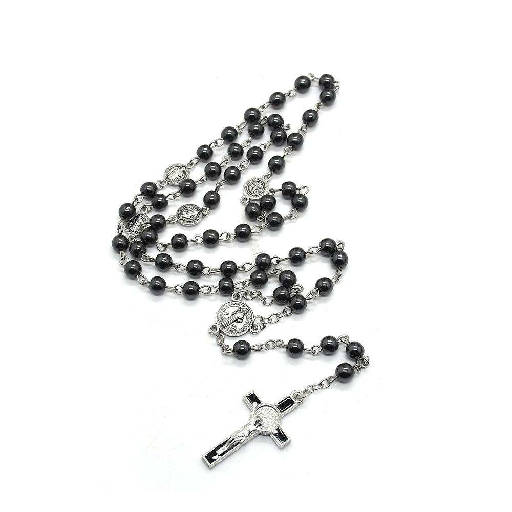 Retro Religion Belief Catholic Cross St. Benedict Black Gallstone Prayer Rosary Pendant Necklace Men Accessories Jewelry Gift