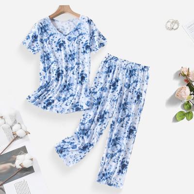 Women's Printed 2 Piece Pajama Set Short Sleeve Round Neck Top Long Pants Sleepwear Set Summer Casual Loungewear