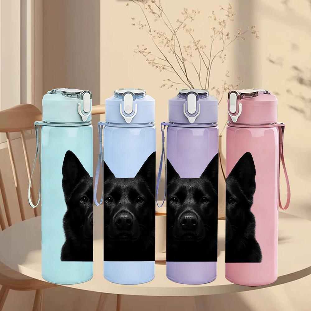 1PC Black German Shepherd Print 750ml Color Plastic Sports Water Bottle Leakproof Flip Straw Lid Suitable for Sports Office Home Use