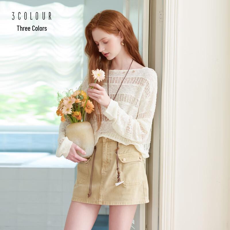 San Cai 2026 Autumn Hollow Textured Knit Round Neck Long Sleeve Loose Sweater L