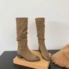 Fashion Autumn Pleated Women Knee High Boots Fashion Thick Heels Pointed Toe Shoes Western Long Botas Para Mujer