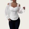 Women's Elegant Off-the-Shoulder Floral Jacquard Shirt - Square Neck, Long Sleeve, Slim Fit