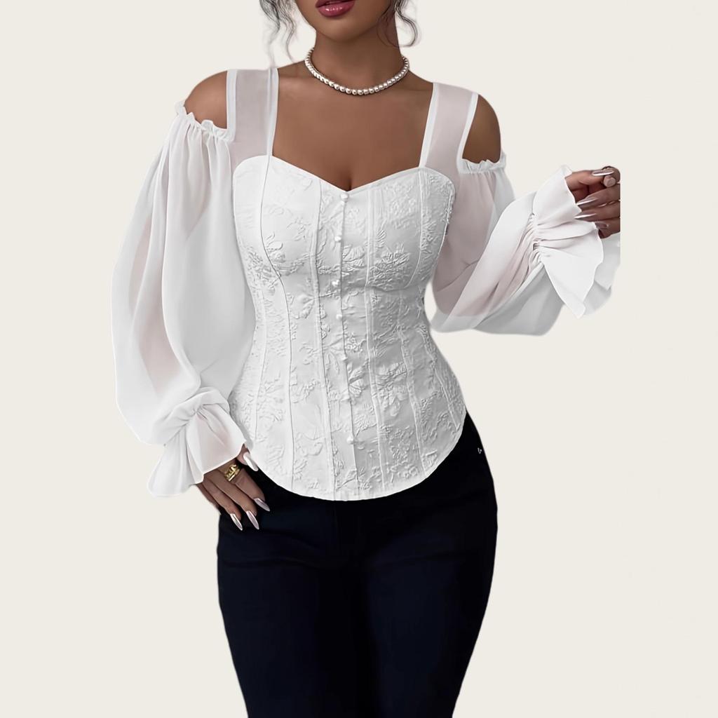 Women's Elegant Off-the-Shoulder Floral Jacquard Shirt - Square Neck, Long Sleeve, Slim Fit