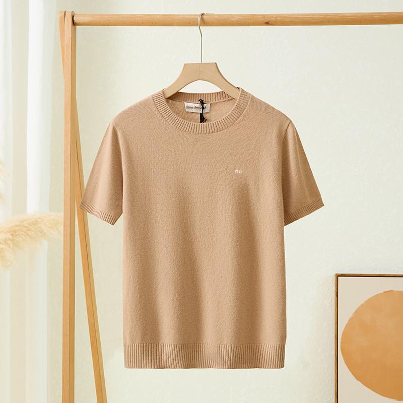 Wysokiej jakości wełniany sweter damski z krótkim rękawem i okrągłym dekoltem w stylu Miu na wczesną jesień