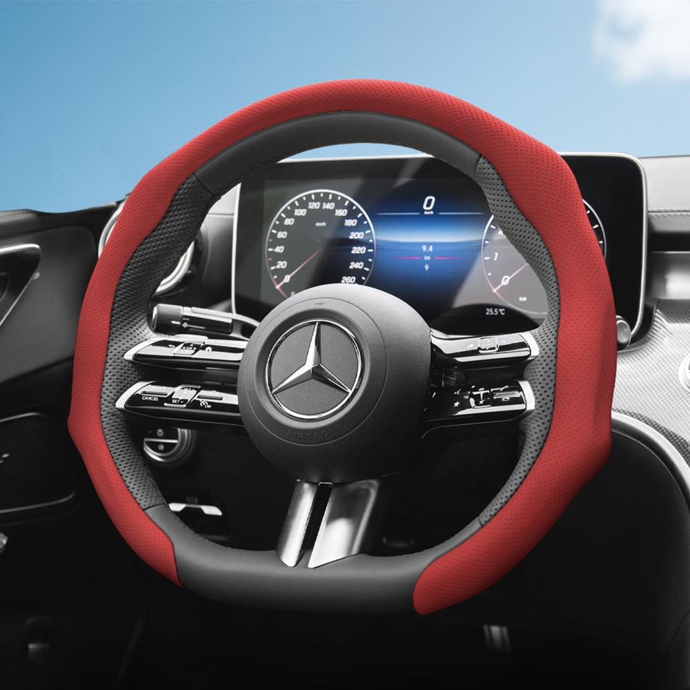Suitable for Mercedes-Benz Perforated Leather Steering Wheel Cover, Non-Slip, Sweat-Absorbent, Breathable, Integrated Protective Case V G S a E C