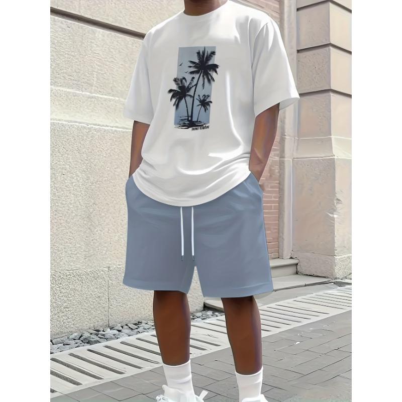 Men's Fashionable Two-piece Round Neck Short-sleeved Shorts Set, Summer Casual and Comfortable Sportswear for Men