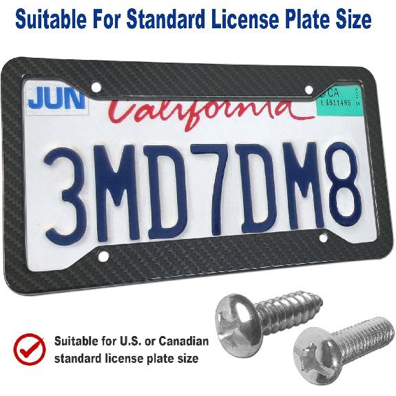 BGGTMO Carbon Fiber License Plate Frames- 2 Pack Black Aluminum Printed Carbon Patterns Car Tag Cover For Front & Rear, 4 Hole Heavy Duty Universal
