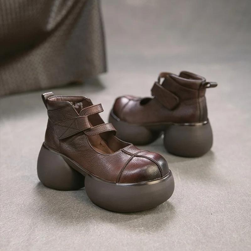 Johnature Skórzane Retro Czółenka na Grubej Platformie z Obcasem Okrągły Nosek Zapięcie na Rzepy Damskie Buty Platformowe