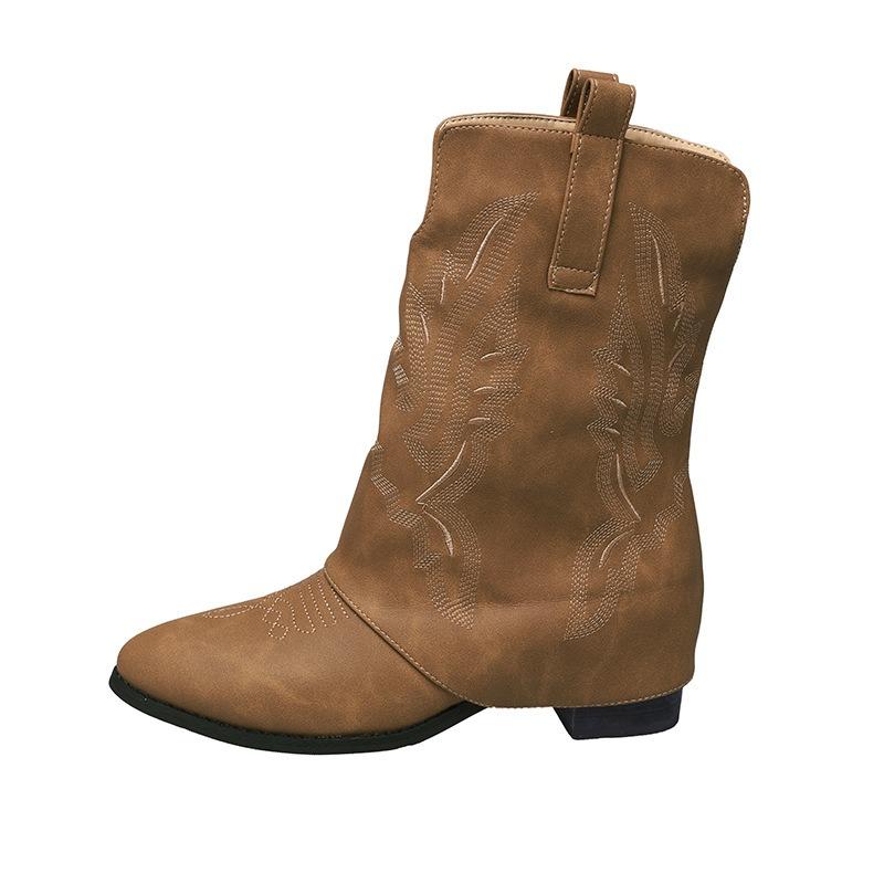 Pointed Retro Embroidered Western Cowboy Boots Women's Thick Heel Fashion Pants Boots Skinny Martin Boots