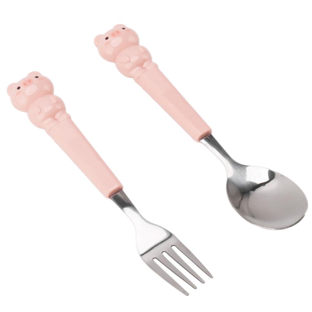 2Pcs Stainless Steel Fork and Spoon Cute Cartoon Look Cutlery Set Children Curved Tableware Set Pink Pig