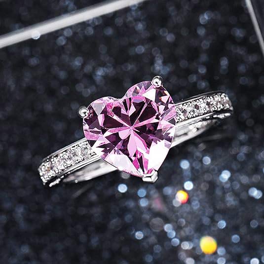 YQLAFT 925 Sterling Silver Shining Zirconia Engagement Ring Pink Heart Shape 18.1mm Diameter with Gift Box