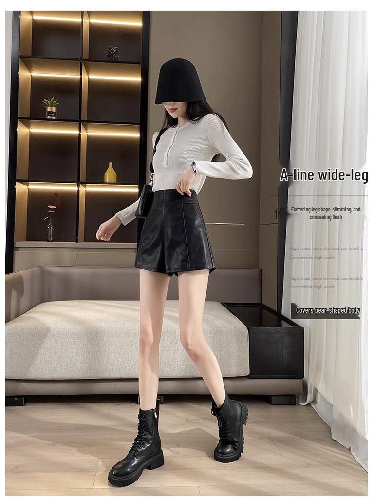 Women's Black PU High-Waist Leather A-Line Shorts - Slim Fit, Wide-Leg, All-Season, Versatile Outdoor Wear.